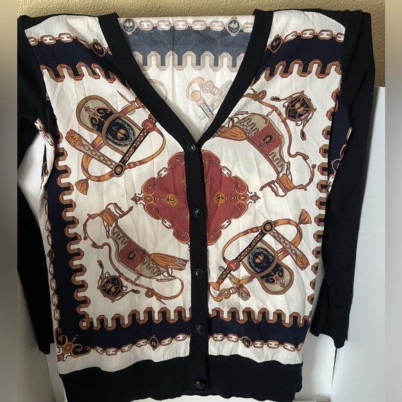 Brooks Brothers long equestrian cardigan V neck silk cotton spandex navy size L - Picture 7 of 11